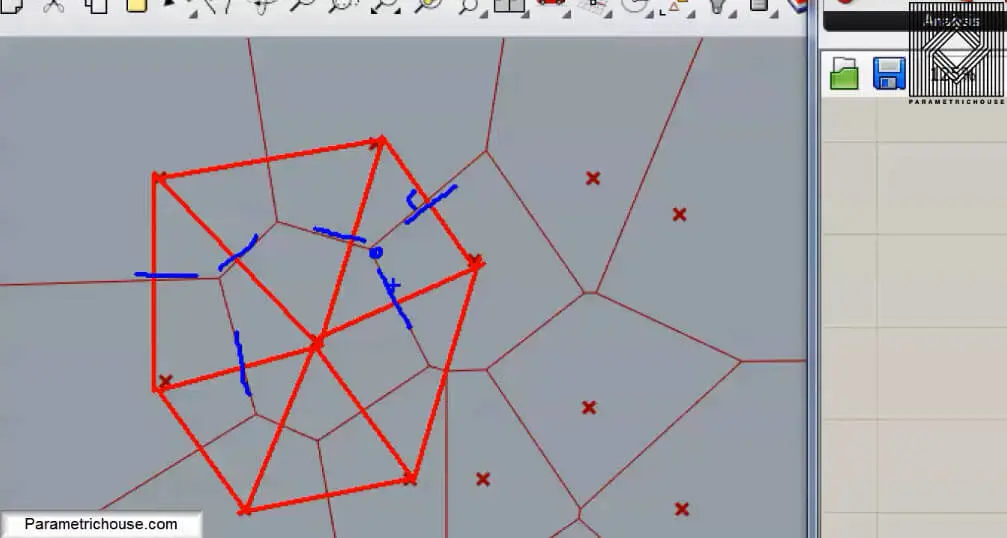 Perpendicular bisectors between Delaunay points and Voronoi edges